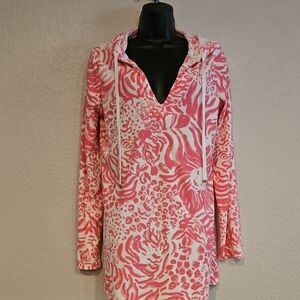 Lilly Pulitzer | Women's Pink White Animal Cover-Up Terry Sweatshirt Hoodie M